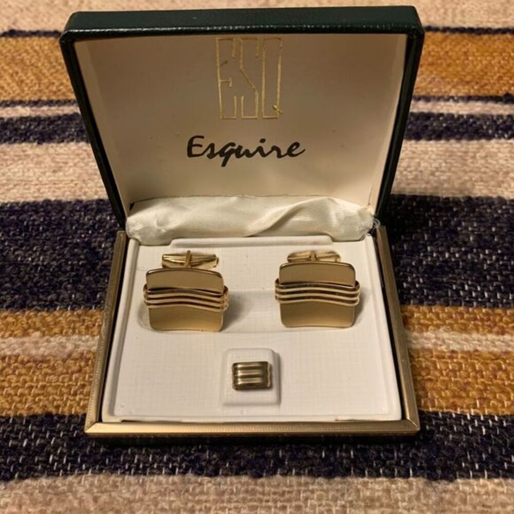 Vintage Esquire Cuff Links Tie Tack Set Gold‎ in Box Mens Accessory